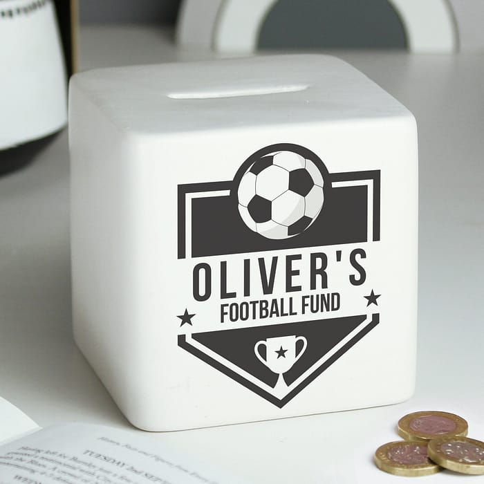 Personalised Football Badge Ceramic Square Money Box - ItJustGotPersonal.co.uk