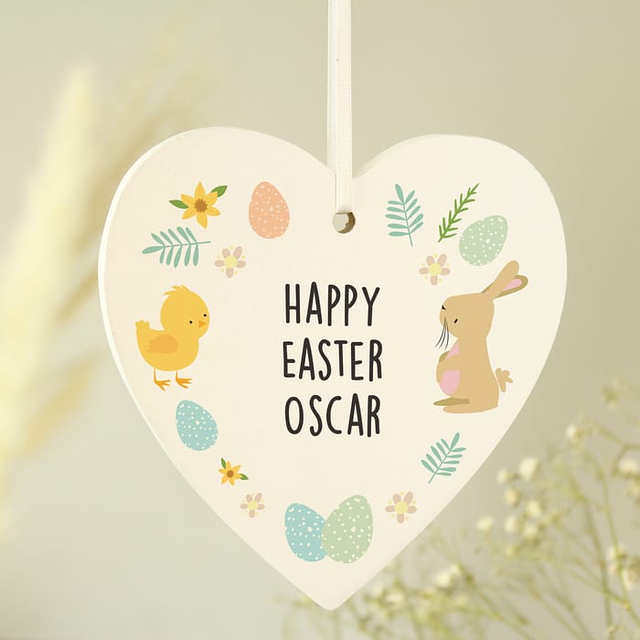 Personalised Easter Bunny & Chick Wooden Heart Decoration - ItJustGotPersonal.co.uk