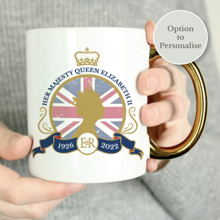 Personalised Queens Commemorative Union Jack Gold Handle Mug - ItJustGotPersonal.co.uk