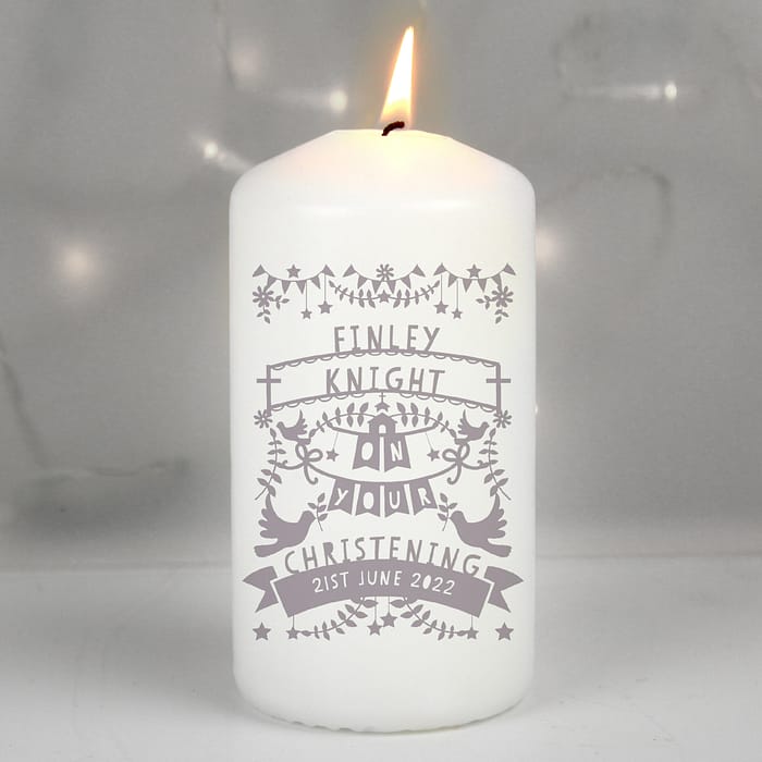 Personalised Grey Papercut Style Pillar Candle - ItJustGotPersonal.co.uk