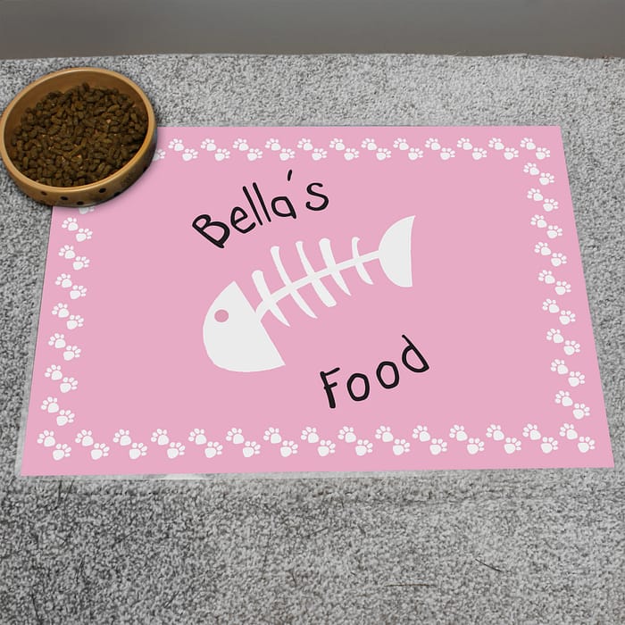 Personalised Pink Fish Bone Cat Pet Bowl Mat - ItJustGotPersonal.co.uk