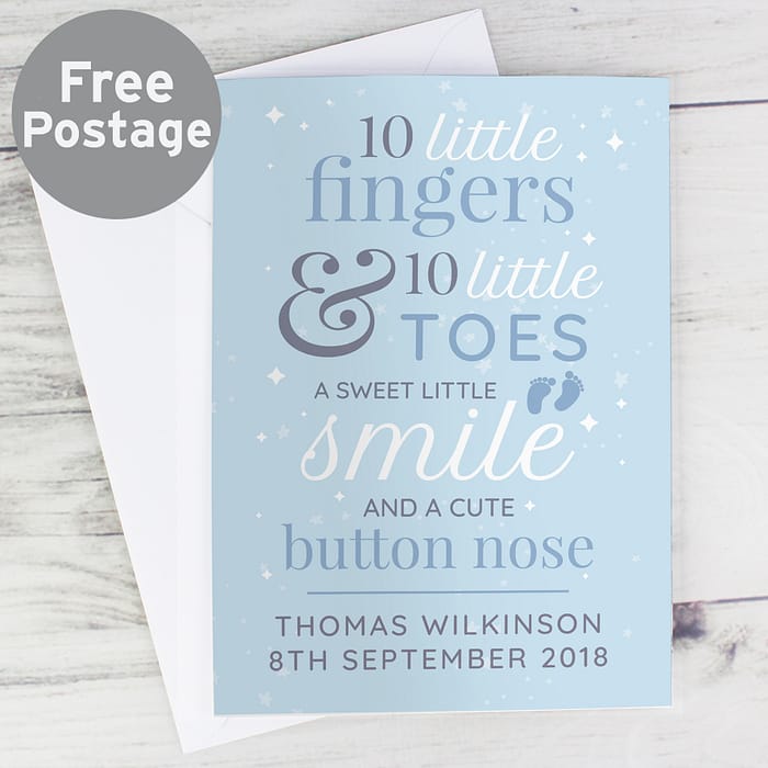 Personalised '10 Little Fingers' Blue Baby Card - ItJustGotPersonal.co.uk