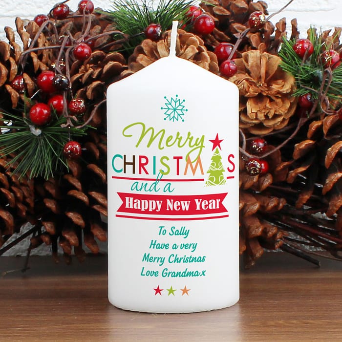 Personalised Bright Christmas Pillar Candle - ItJustGotPersonal.co.uk