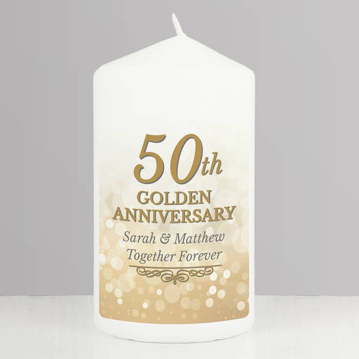 Personalised 50th Golden Anniversary Pillar Candle - ItJustGotPersonal.co.uk