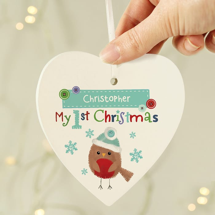 Personalised Felt Stitch Robin 'My 1st Christmas' Wooden Heart Decoration - ItJustGotPersonal.co.uk
