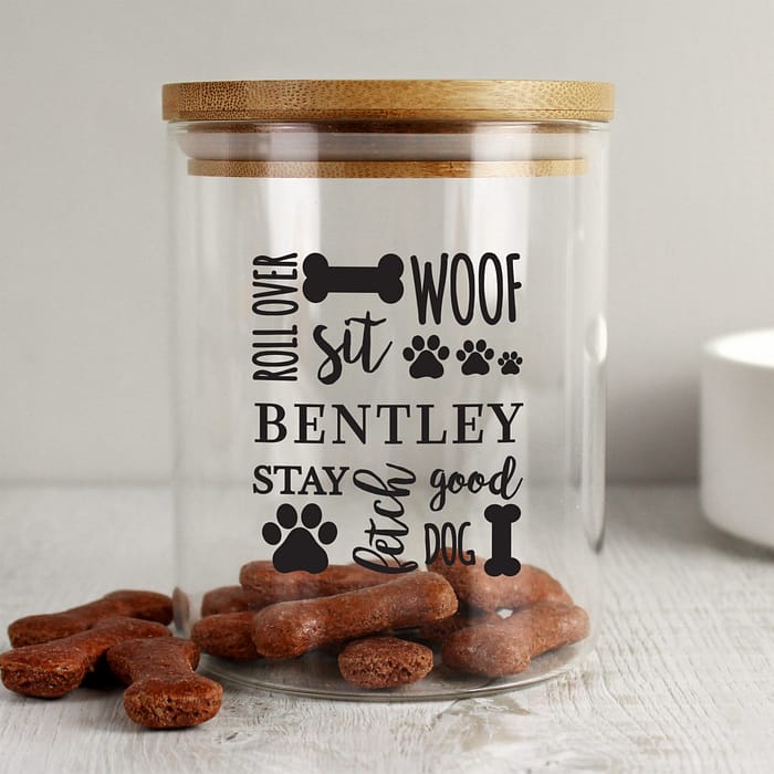 Personalised Glass Dog Treat Jar with Bamboo Lid - ItJustGotPersonal.co.uk