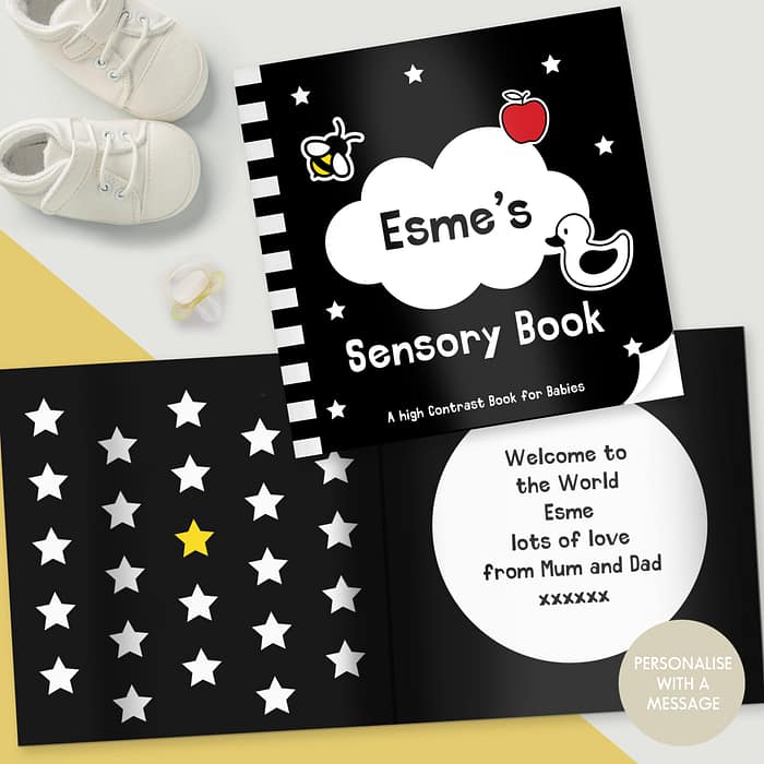 Personalised High Contrast Black and White Baby Book - ItJustGotPersonal.co.uk