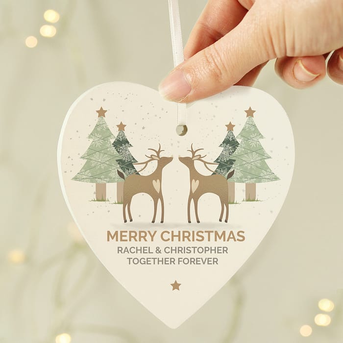Personalised Reindeer Couple Wooden Heart Decoration - ItJustGotPersonal.co.uk