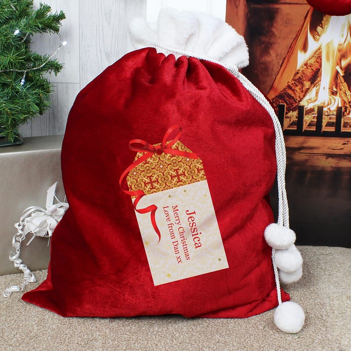 Personalised Gift Tag Luxury Pom Pom Red Sack - ItJustGotPersonal.co.uk