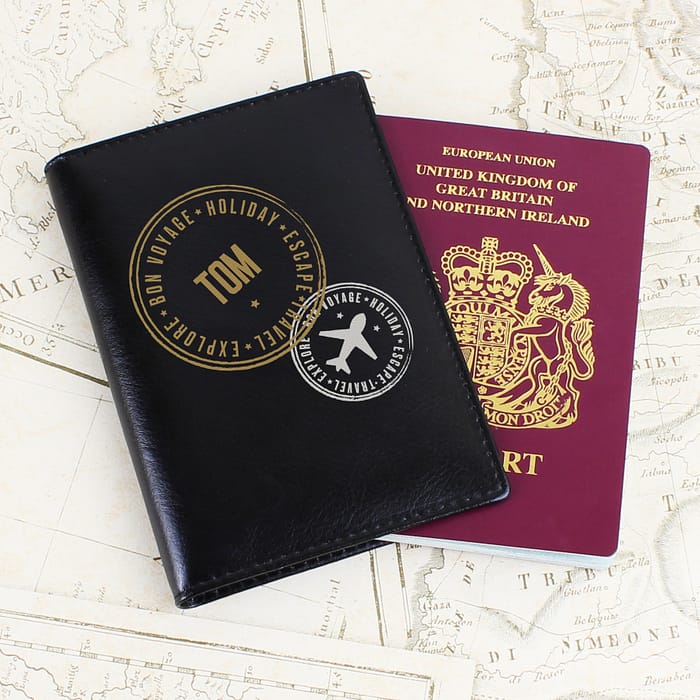 Personalised Stamped Black Passport Holder - ItJustGotPersonal.co.uk