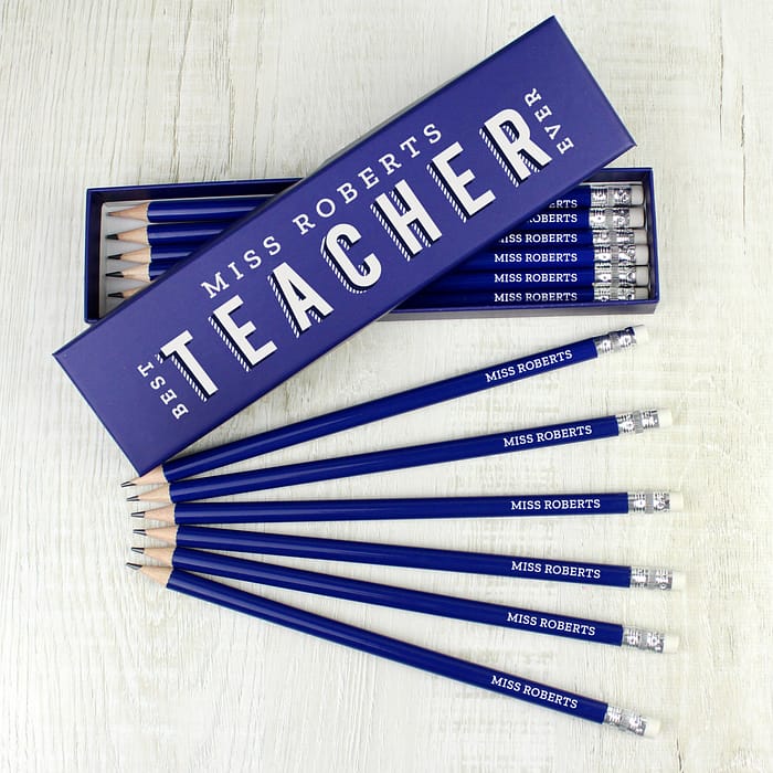 Personalised Best Teacher Ever Box and 12 Blue HB Pencils - ItJustGotPersonal.co.uk