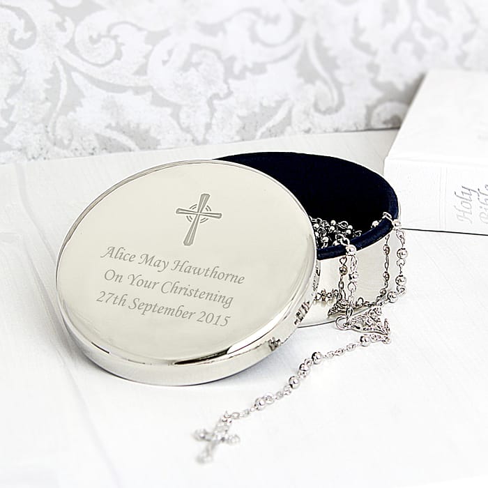 Personalised Rosary Beads and Cross Round Trinket Box - ItJustGotPersonal.co.uk