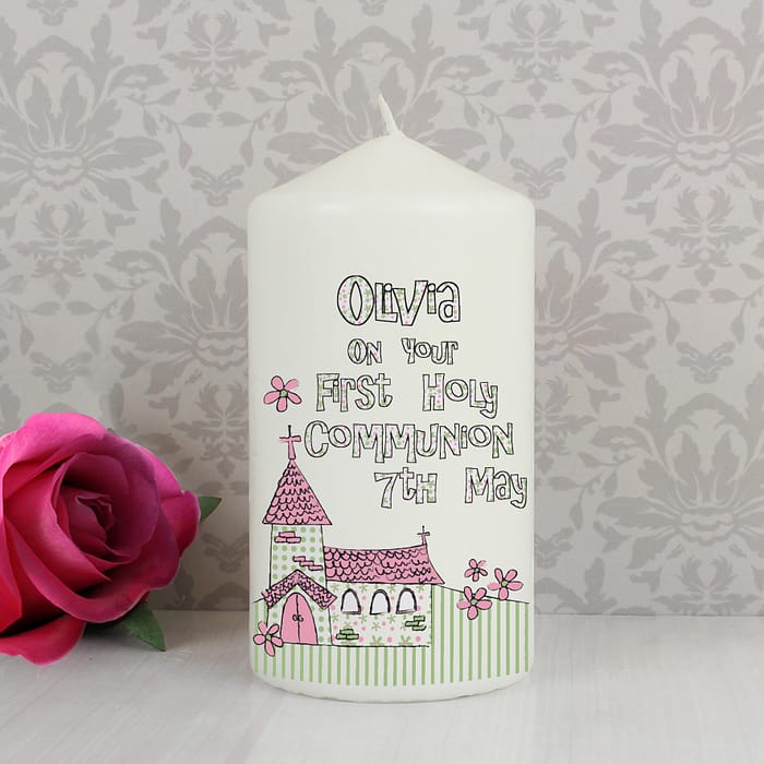 Personalised Whimsical Church Pink 1st Holy Communion Pillar Candle - ItJustGotPersonal.co.uk