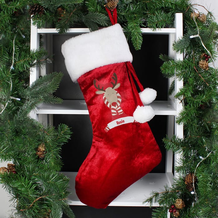 Personalised Retro Reindeer Luxury Red Stocking - ItJustGotPersonal.co.uk