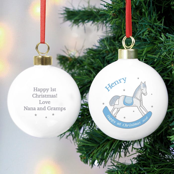 Personalised 1st Christmas Blue Rocking Horse Bauble - ItJustGotPersonal.co.uk