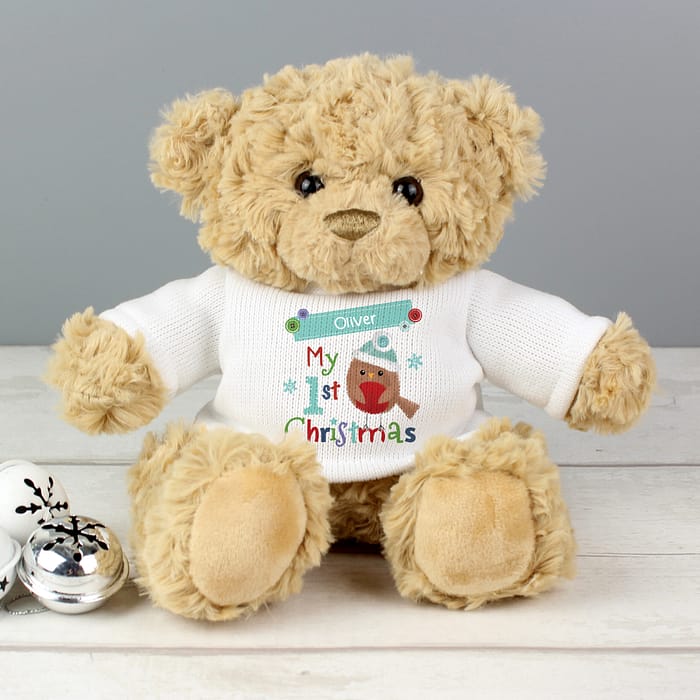 Personalised Felt Stitch Robin 'My 1st Christmas' Teddy Bear - ItJustGotPersonal.co.uk