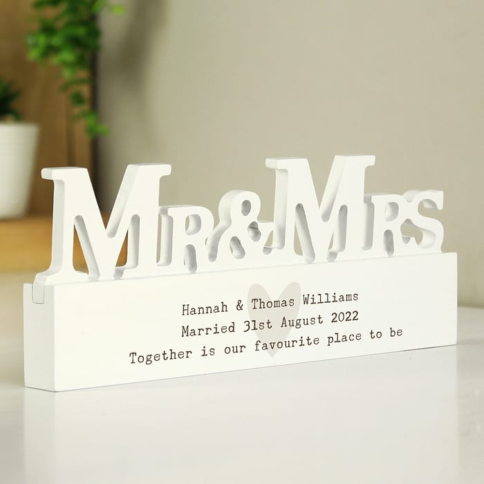 Personalised Free Text Heart Wooden Mr & Mrs Ornament - ItJustGotPersonal.co.uk