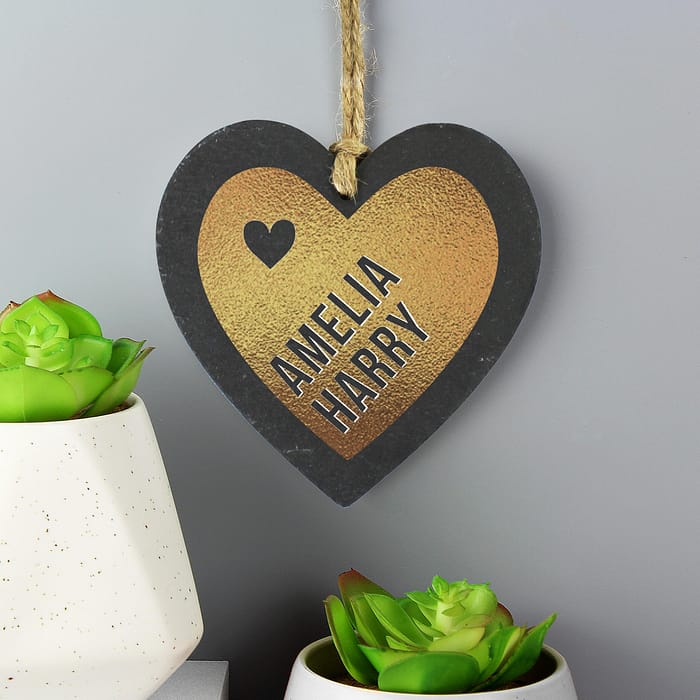 Personalised Couples Gold Printed Slate Heart Decoration - ItJustGotPersonal.co.uk