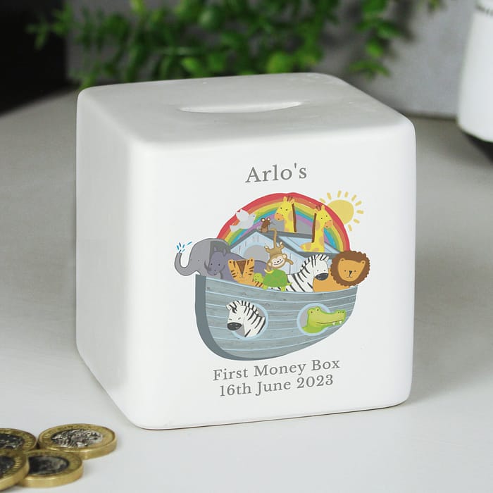 Personalised Noahs Ark Ceramic Square Money Box - ItJustGotPersonal.co.uk
